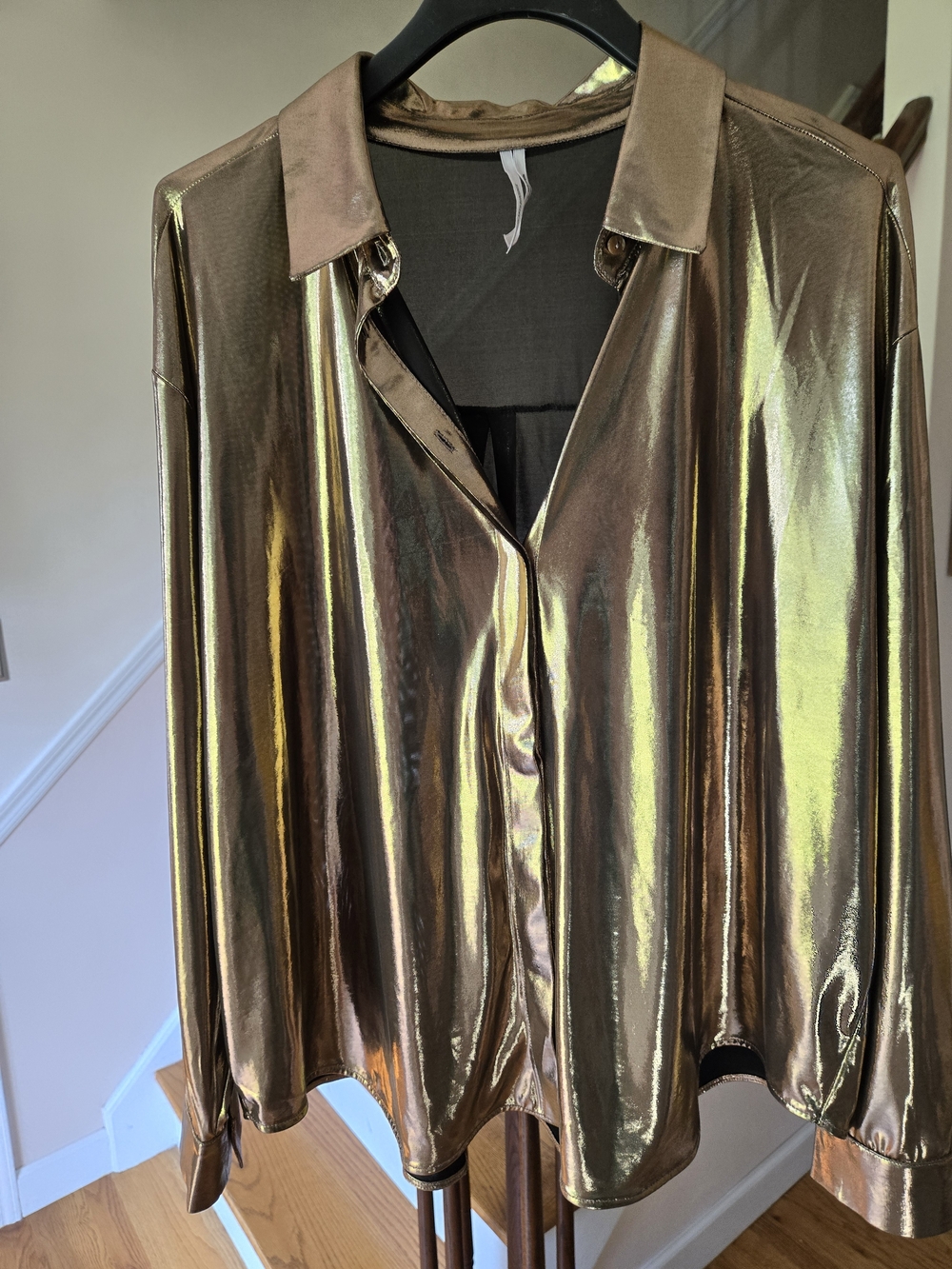 By Anthropologie The Gillian Liquid Shine Metallic Gold Button Down Shirt 2X